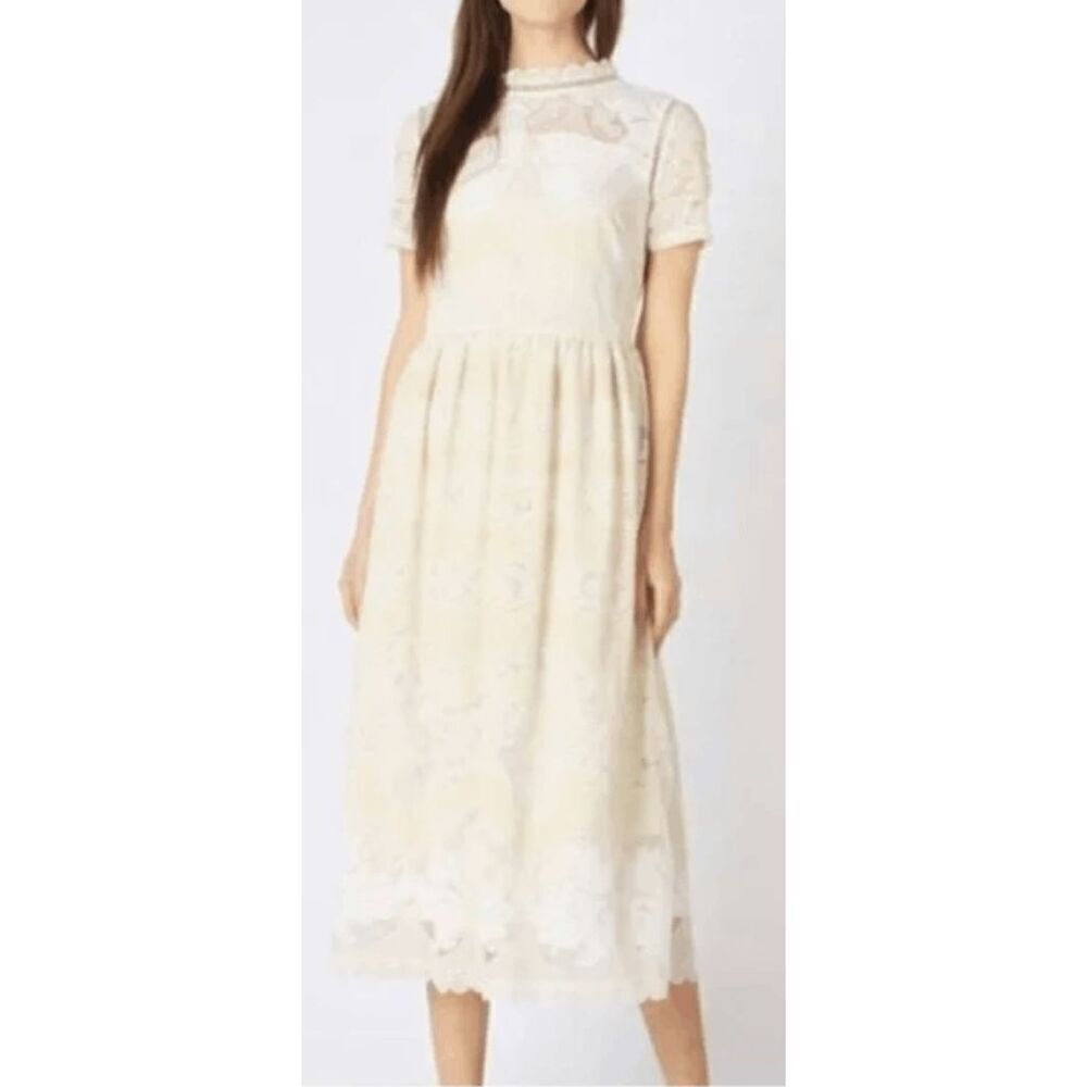 NWOT All:Row Cream Mock Neck Lace Midi Lined Dress Size Medium